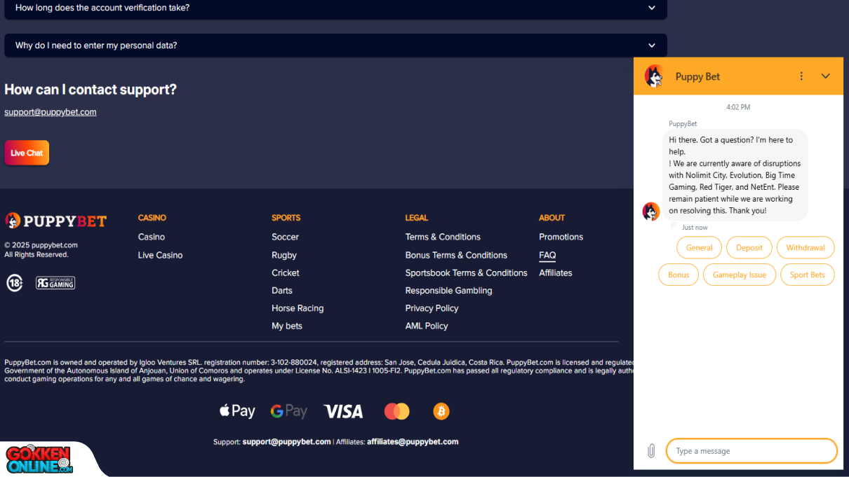 PuppyBet Casino Klantenservice