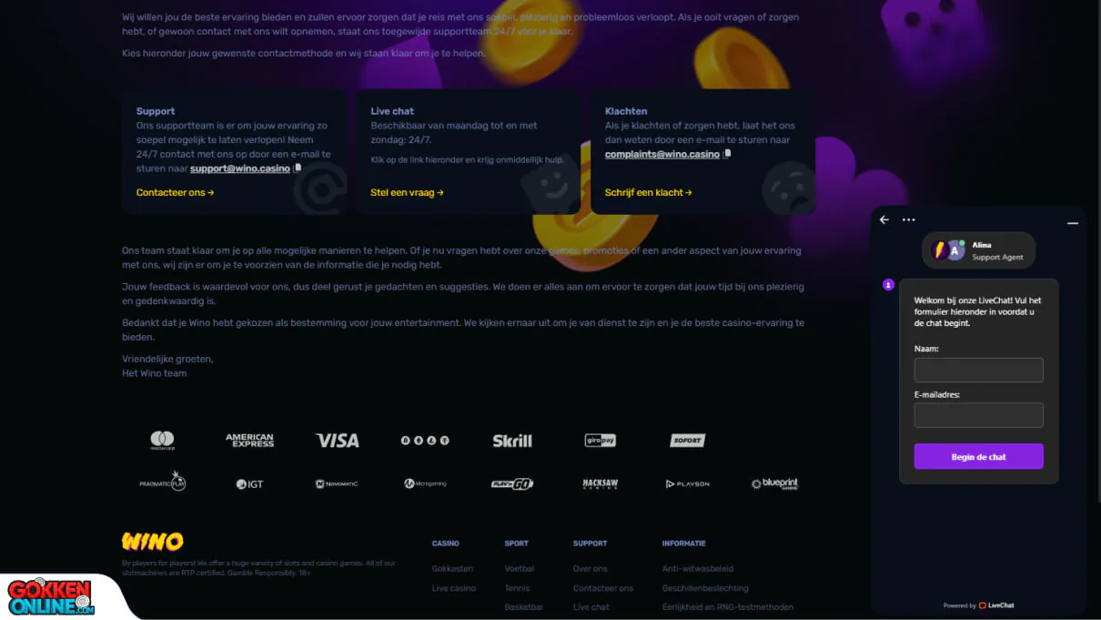 Wino Casino Klantenservice