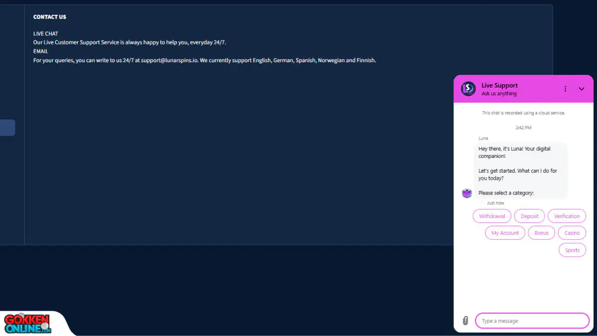 Lunarspins Casino Klantenservice